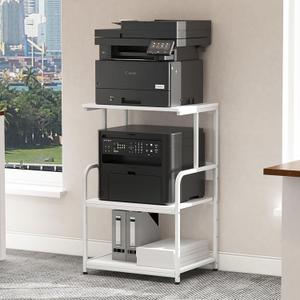 Arbuxzuy Printer Stand with Storage Shelf,3 Tier Printer Cart with Wheels,Mobile Printer Table for Home Office,Stands for Printer Heat Press Scanner Fax,Industrial Style (White)