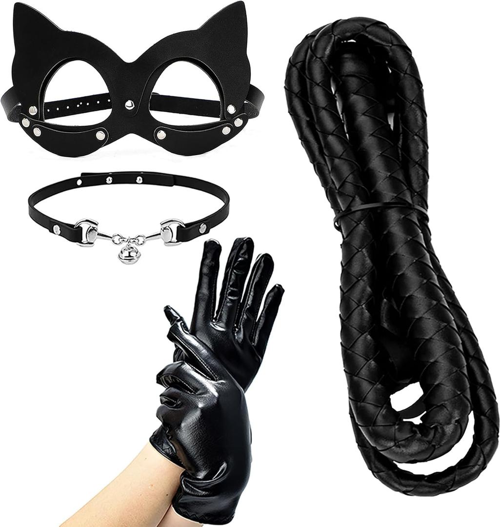 Women Half Face Cat Mask Costume Accessories Halloween Masquerade Props (Black 4-piece Set)