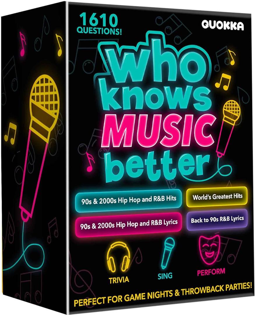 QUOKKA Who Knows Music Better? 1610 Music Trivia Questions  4 Pack Ultimate Music Game Box  Singing, Karaoke, Party Games for Adults Families, Fun Music Challenge for 90s & 2000s Fans & Game Nights