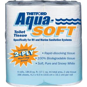 Thetford Aqua-Soft Toilet Tissue - Toilet Paper for RV and marine - 2-ply - Thetford 03300 (Pack of 4 rolls) , White