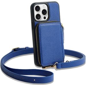 ZVE for iPhone 13 Pro Wallet Case Crossbody, Zipper Phone Case with RFID Blocking Card Holder Wrist Strap Purse Cover for Women Compatible with iPhone 13 Pro (6.1 inch, 2021)- Navy Blue