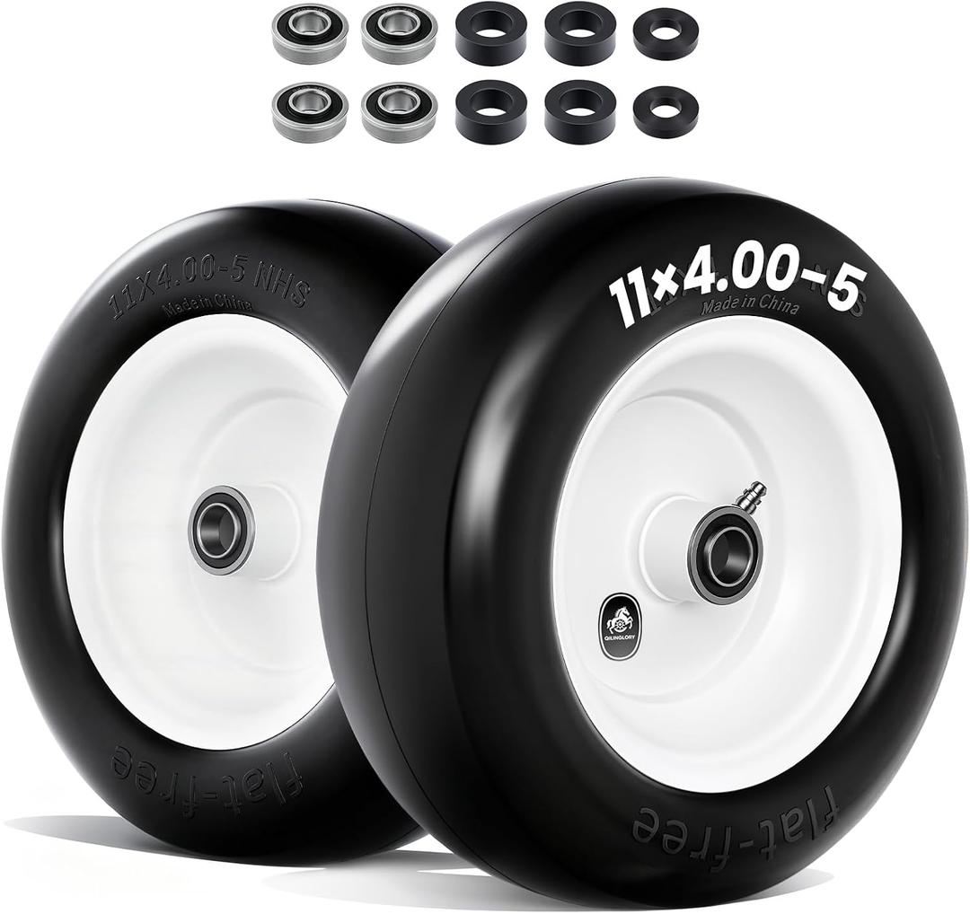 11x4.00-5 Flat Free Lawn Mower Tire & Wheel with 3/4" bearing bore, 5/8 Extra Bearings & Spacers, Fits Zero Turn Mower, Garden Tractor, 350 lbs Capacity, 2-Pack