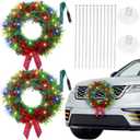 Riceshoot 2 Pack 12V LED Christmas Car Wreath with Red Bow 13 Inch Artificial Lighted up Wreath for Car Front Grill Plug in Lighting for Xmas Hanging Decoration (Color Light Berry)