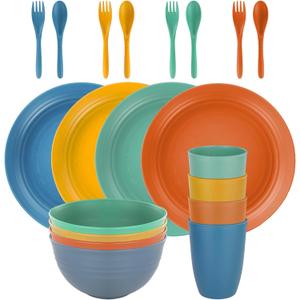 Wheat Straw Dinnerware Sets - Reusable Plates and Bowls Sets, Unbreakable Cups,Forks, Spoons, Microwave, Dishwasher Safe Tableware Kitchen Outdoor Camping Presents