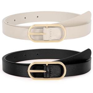 XZQTIVE 2 Pack Women's Skinny Leather Belt Thin Belt for Women with Gold Buckle Plus Size Waist Belt for Jeans Dresses Pants (Fit Pant Size 33-37 in)