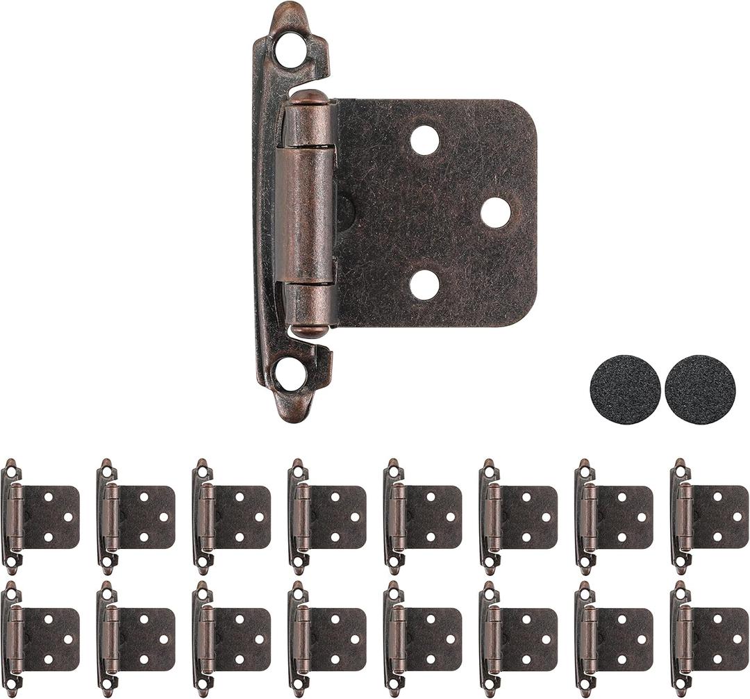JQK 1/2 Inch Overlay Cabinet Door Hinges Oil Rubbed Bronze, 30 Pack 15 Pairs Flush Face Mount Cupboard Self-Closing Kitchen Cabinet Hinges with Door Bumper, CH200-ORB-P30