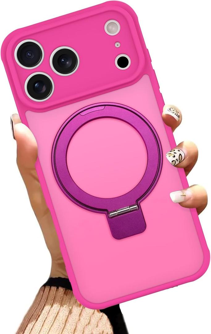 AIGOMARA Phone Case for iPhone 17 Pro Max 6.9 Inch [Compatible with MagSafe] Hot Pink Magnetic Kickstand Case with Screen Protector Soft TPU + Hard PC Shockproof Phone Cover for Women Men