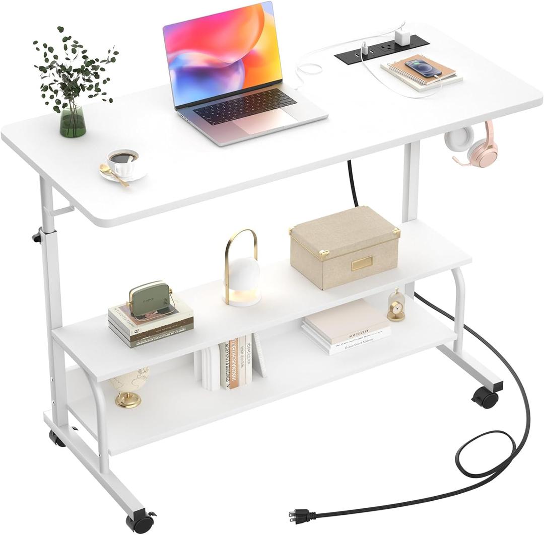 Height Adjustable Standing Desk with Power Outlets, 39" Manual Stand Up Desk with Storage Shelves Small Mobile Rolling Computer Desk Portable Laptop Table with Wheels for Home Office, White Height Adjustable Standing Desk with Power Outlets, 39" Manual Stand Up Desk with Storage Shelves Small Mobile Rolling Computer Desk Portable Laptop Table with Wheels for Home Office, White