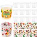 12 Pcs 34 oz Christmas Plastic Buckets with 150 Xmas Stickers Christmas Cookie Storage Bucket with Lid and Handle Christmas Drink Buckets Candy Food Containers for Xmas Holiday Party Supplies