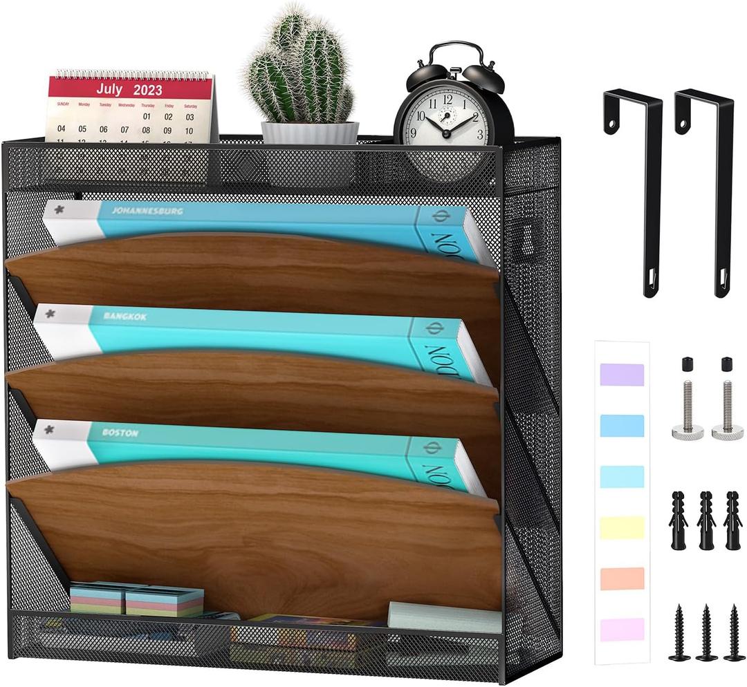 Wall File Organizer, Wood Wall File Holder, 5 Tier Vertical Hanging Wall File Organizer, 3 Pockets Wall Mount File Holder with Top and Bottom Flat Tray for Office School Home, Black