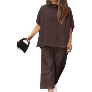 Beautife Women's Plus Size 2 Piece Outfits 3/4 Batwing Sleeve Capelet Crew Neck Pullover Top Wide Leg Pants Lounge Set (Dark Brown), 3XL