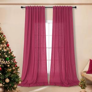 Hot Pink Curtains for Living Room 84 Inch Length 2 Panels Set Back Tab Pocket Semi Sheer Linen Boho Vibrant Bright Colored Girls Curtains for Bedroom Princess Decor Raspberry Fuchsia Magenta Red 52x84