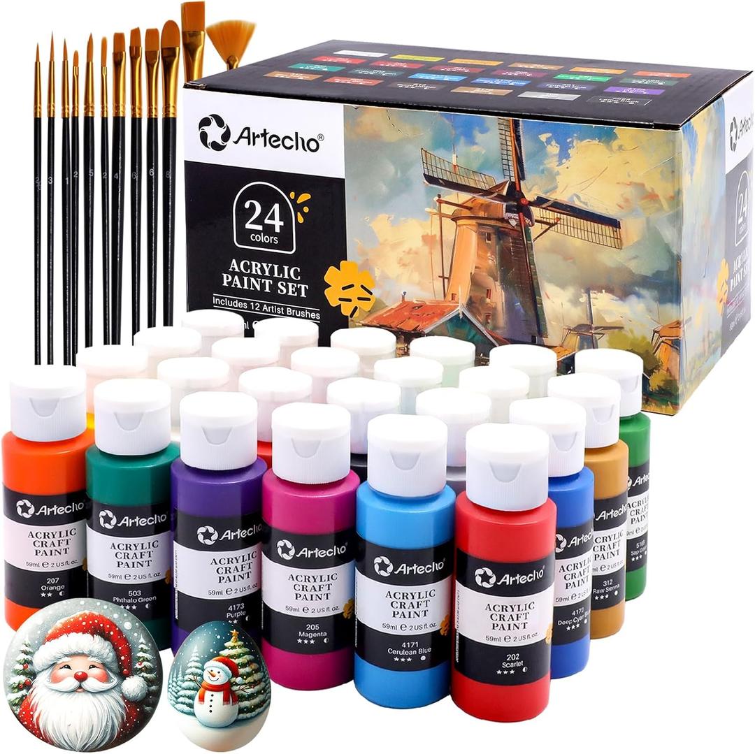 Artecho Acrylic Paint Set 24 Colors 2oz/59ml with 12 Brushes, Art Craft Paints Kit, Paint for Canvas, Rocks, Wood, Fabric, Ceramic and Art Supplies, Non Toxic Paint for Artists and Beginners