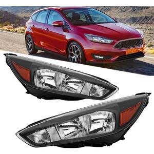 Headlights Assembly Compatible with 2015 2016 2017 2018 Ford Focus S | SE | ST Halogen Head Light Headlamp w/Bulb, Black Housing Amber Corner
