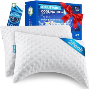 Side Sleeper Pillow for Neck and Shoulder Comfort, for Men/Women, Ergonomic Cooling Curved Pillow, Adjustable Shredded Memory Foam Neck Support, King Size Set of 2, Extra Fill Included