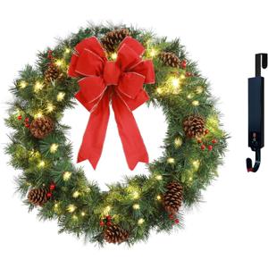 Solar Christmas Wreath Pre-Lit Solar 70 Led Artificial Wreath Outdoor Front Door Window Christmas Decorations with Frosted Branches Pine Cones Berry Clusters Red Velvet Bows 30 Inch