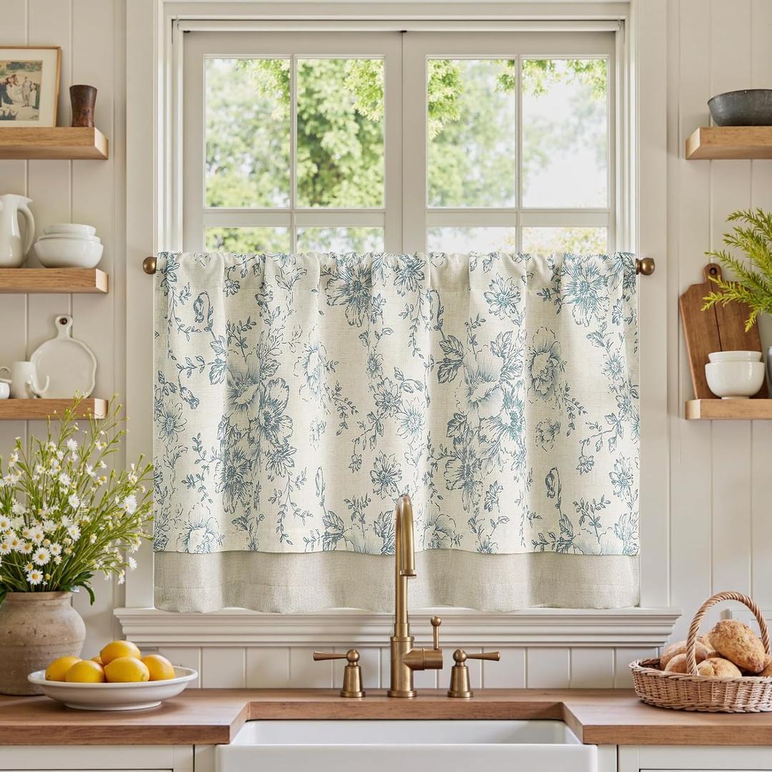 jinchan Linen Kitchen Curtain 24 Inch French Floral Double Layer Curtain Farmhouse Vintage Tier Drape Rustic Half Window Curtain for Living Room Window Treatment Rod Pocket 1 Panel Blue on Beige