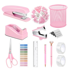 13 in 1 Pink Office Supplies, Pink Desk Accessories for Women with Stapler,Tape Dispenser,1000 Staples,Pen Holder,Staple Remover,Clips,Ruler,Scissors, Tabs,Tape,Ballpoint Pen