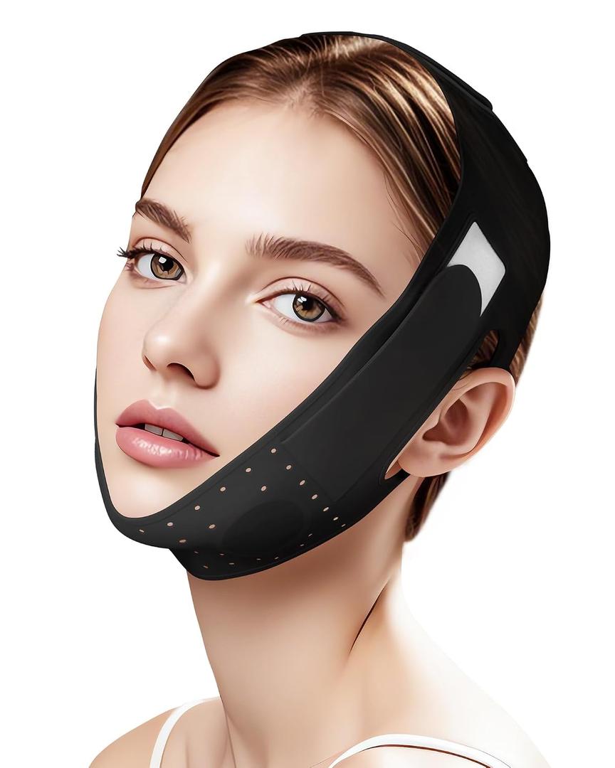 V-Line Sculpting Face Mask Silicone Chin Strap for Jawline Tightening & Double Chin Reduction (23-27 Inches) Black