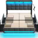 Rolanstar Full Size Bed Frame with LED Lights and Charging Station, Upholstered Bed Storage Headboard & Drawers, Heavy Duty Wood Slats, Easy Assembly (Grey)