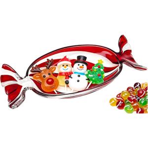Christmas Candy Shaped Glass Dish Platter Oval Serving Tray Red Transparent Festive Dish for Xmas Holiday Party Cookies Fruit Peppermint Dessert Snack Charcuterie Decorative Gift, Large