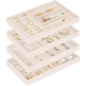 Stackable Jewelry Trays Organizer for Drawer, 4 Set of Jewelry Organizers and Display Case Storage, Velvet Drawer Inserts Organizer for Necklace Bracelets Earrings Organizer-4 Set , Gift For Her,Beige