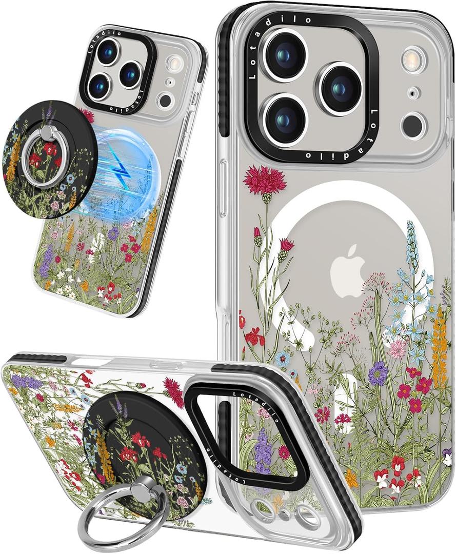 Case for iPhone 17 Pro Case Compatible with Magsafe Ring Holder Stand - for Women Wild Floral Design TPU Phone Cover for Girls Girly Funny Fashion