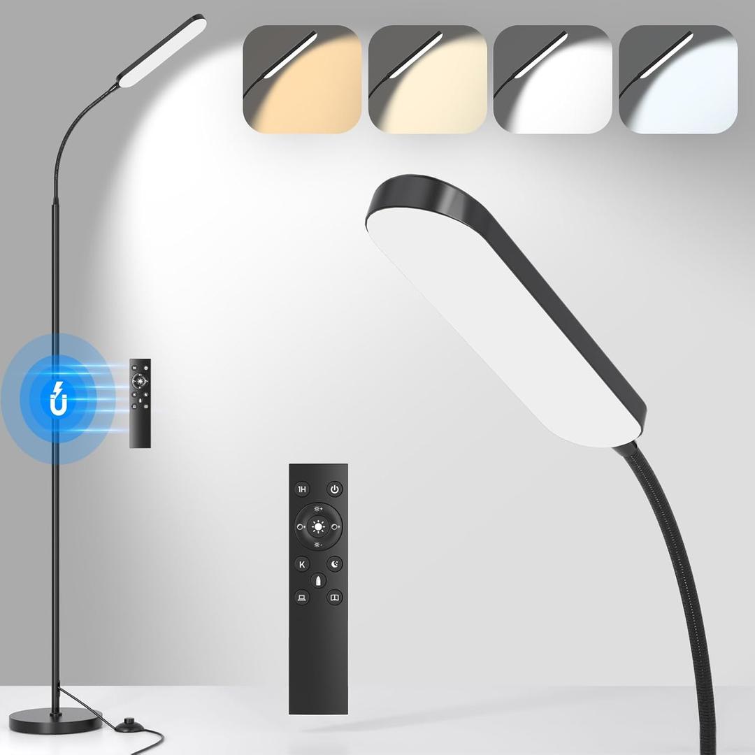 LED Floor Lamp with Remote Control Foot Switch for Living Room, Stepless Adjustable Colour Temperature Brightness Standing Lamp with Timer, Eye Caring Tall Lamp Reading for Bedroom,office, Gift (Black)