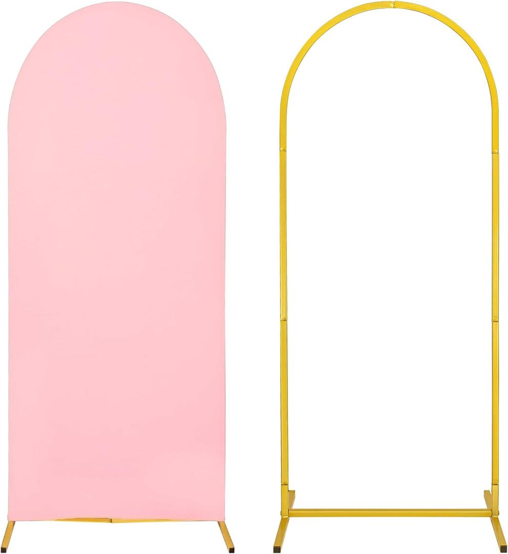 Metal Arch Stand and Cover Set,1 Pink Spandex Fitted Backdrop with 1 Gold Wedding Arched Stand Frame for Parties Birthday Baby Shower Bridal Banquet Decoration (4FT) 