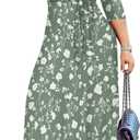 SUZONANA Plus Size Dresses for Women Floral Print Maxi Dress Flowy 3/4 Sleeve with Belt (Green, XXL)