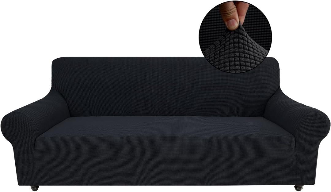 Stretch Sofa Slipcover for 3 Cushion Couch, Washable Pet Friendly Furniture Protector with Non Slip Elastic Bottom for Dogs,Kids,Jacquard Fabric Small Checks (Large,Black)