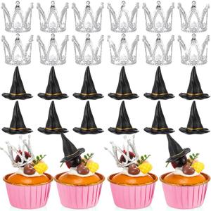 24 Pcs Witch Hat and Crown Cake Topper Witch Birthday Party Decorations Mini Wizard Hats Silver Crown Cupcake Toppers Princess Cake Accessories for Birthday Party (Classic)