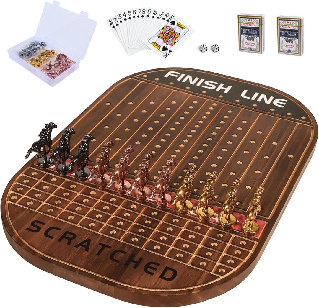 Jyquorp Horse Race Board Game Racing Game Thickened Solid Wood with 11 Luxurious Durable Classic Metal Horses with 4 Dice and 2 Boxes of Cards Horse Racing Game (Rustic Brown)