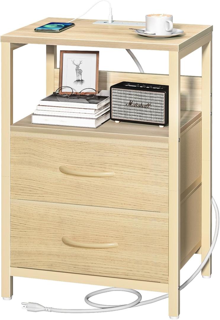 Yoobure Nightstand with Charging Station, Small Night Stand with Fabric Drawers and Storage Shelf for Bedrooms, Nightstands for Small Spaces, Bedside Table with USB Ports & Outlets, Bed Side Table (Natural)