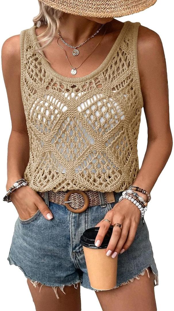 Imily Bela Womens Summer Crochet Tank Tops Knit Sleeveless Scoop Neck Sweater Vest Boho Hollow Out Cover Ups (M)