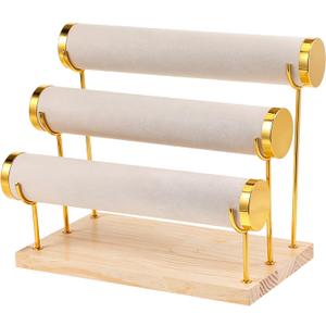 FdcZeyxior Bracelet Holder Display Stand Bangle Organizer 3 Tier Jewelry Display for Vendors, Gold Jewelry Necklaces Scrunchie Storage Rack with Wood Base