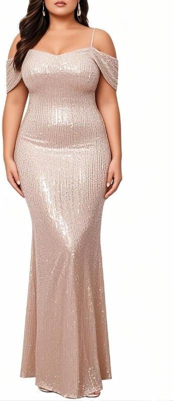 Women's Sequin Elegant Sexy Cold Shoulder Mermaid Bodycon Cocktail Evening Dress Glitter Maxi Dress (Large, Champagne)