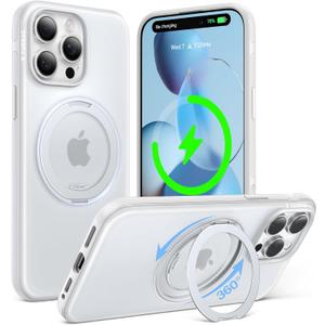 TORRAS O3 Fitness for iPhone 15 Pro Case Magnetic Stand, Fit for MagSafe, 360 Rotatable Stable Stand, Military-Grade Shockproof, Slim & Sleek Anti-Scratch Cover, Glacier White Translucent