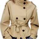 Women's Cropped Trench Coat Double Breasted Short Jacket High Collar Fall Winter Coats Trendy Outfit with Belt (Medium, Khaki)