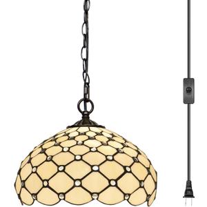 Tiffany Pendant Light Plug in Stained Glass Hanging lamp 12X12X181 Inch Hanging Lamp Living Room Bedroom Kitchen Dining Room Office(Cream Bead)