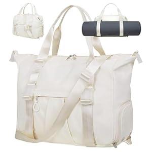 Gym Bag with Yoga Mat Holders, Carry On for Pilates Women & Men with Laptop & Shoe Compartment Large Duffle Travel Weekender Tote with Key Ring Clip Personal Item Workout, Easy to Clean - Beige