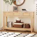 Rattan Console Table with 3 Drawers, Boho Entryway Table with Storage Open Shelf, Narrow Sofa Table Behind Couch Table for Living Room, Natural Wood
