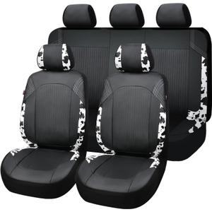 Flying Banner Synthetic Leather car seat Covers Full Set Front and Rear Bench Fashion Easy Installation Cup Holder Free (Black & Cow Print, Low Bucket - Full Set)