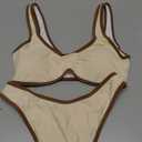 SherryDC Women's Sexy Scoop Neck Bikini Sets Color Block High Cut Thong Brazilian Two Pieces Swimsuit Bathing Suit, Size: Small, Beige