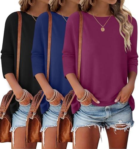 Bliwov 3 Pack 3/4 Sleeve Tops for Women Crewneck Basics Casual Work Tees Spring Summer Trendy T Shirts 2026 Clothes Blouses, Large