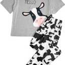 WDIRARA Women's Graphic Print Sleepwear Round Neck Short Sleeve Tee and Pants Pajamas Set (Large, Multicolor Cow)