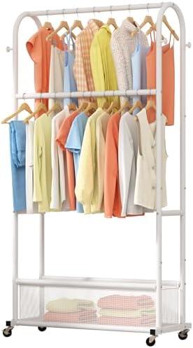 MOYIPIN Double Rods Clothing Rack with Wheels,Clothing Organizer for Hanging Clothes Coat Scarves Bags,Multi-functional Bedroom Garment Rack,4 Hooks,White