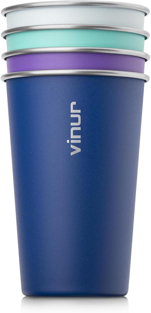 VINUR 4 Pack Stainless Steel Cups 16 oz Pint Tumbler Stackable Metal Drinking Glasses for Travel, Camping, Outdoors (Baby Blue-Navy-Teal-Purple)