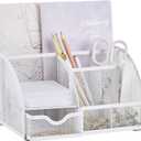 Annova Mesh Desk Organizer Office with 7 Compartments + Drawer/Desk Tidy Candy/Pen Holder/Multifunctional Organizer (White)