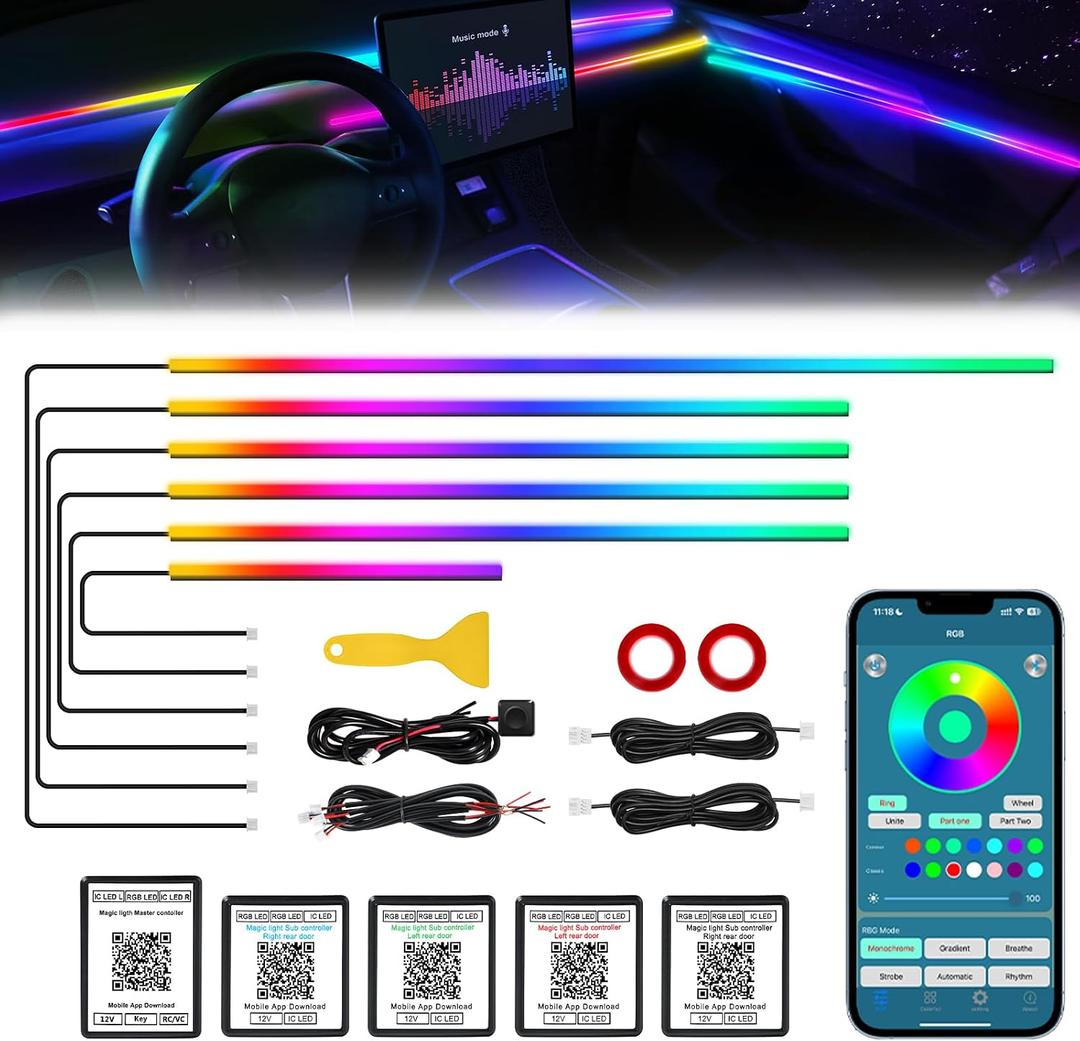 Dreamcolor Acrylic Interior Car LED Strip Light with Wireless APP, RGB 6 in 1 with 175 inches 612 LEDs Fiber Optic Car Symphony Ambient Lighting Kits, Sound Active Function LED Strip for Cars